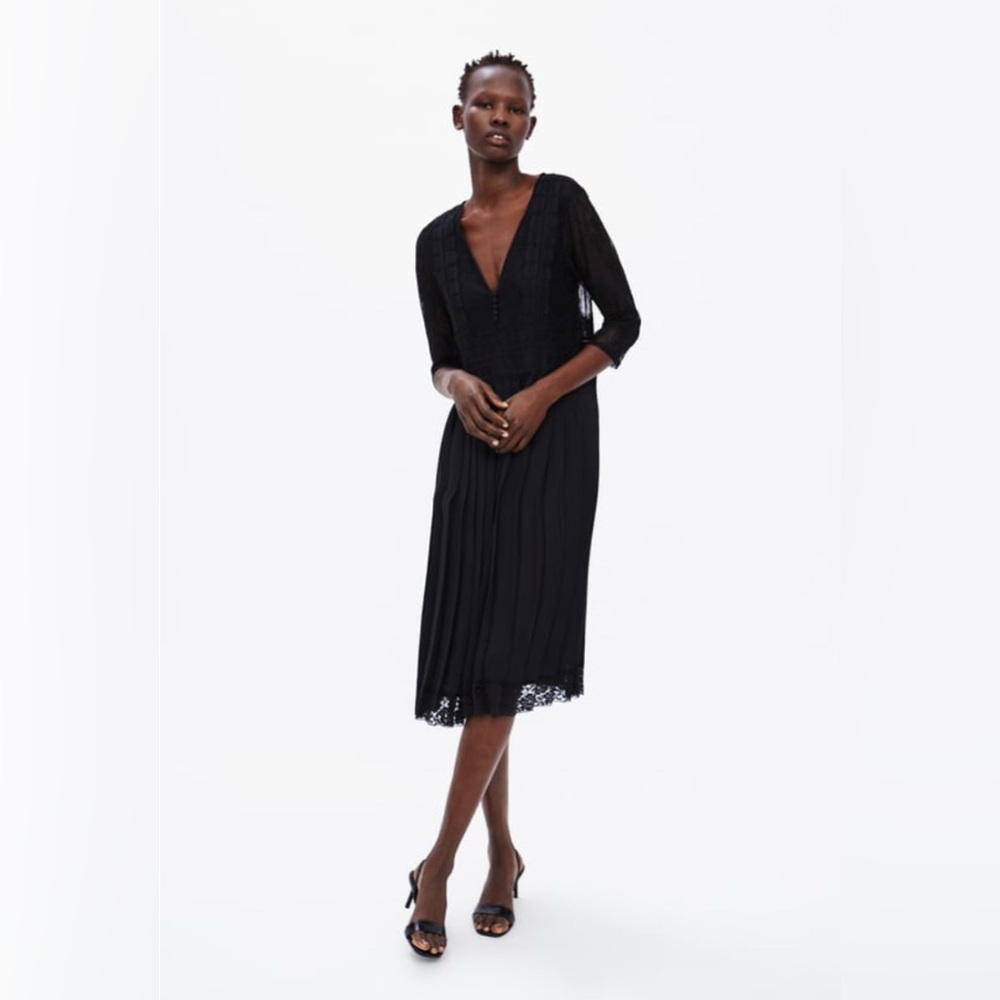 Zara Black Pleated Lace Midi Dress - Picture 2 of 8